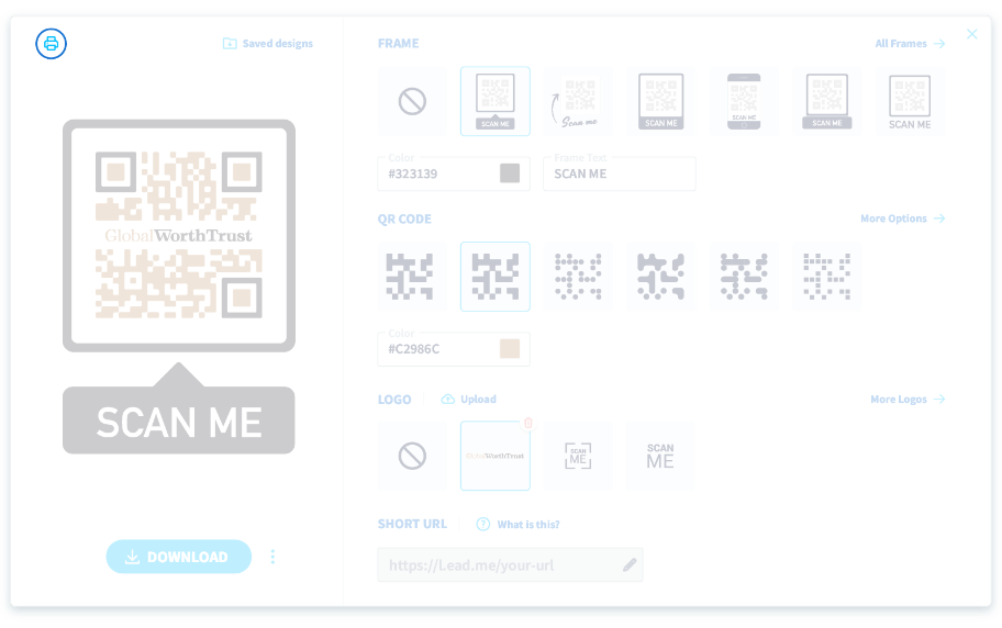 Design and download options for QR Codes.