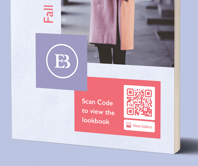 The cover of a lookbook with a QR Code that contains a teaser of the content displayed in a gallery format.
