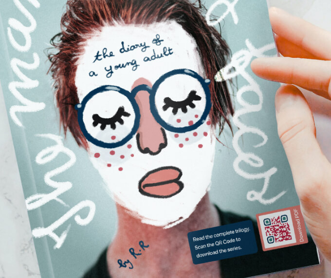 A fictional biography book cover with a QR Code that contains a full version of the book in downloadable PDF file.