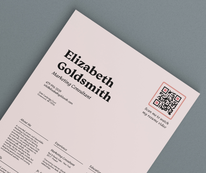 A marketing consultant’s resume with a QR Code in the top right corner prompts the reader to scan and watch their resume video.