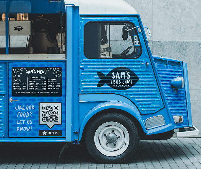 Food truck with a QR Code that gets consumers to leave a five-star scale rating about the food.